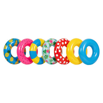 Colorful assortment of swimming pool floats as clean cutout