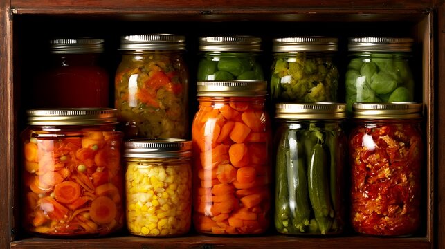 Glass jars filled with colorful layered liquids, food preservation concept