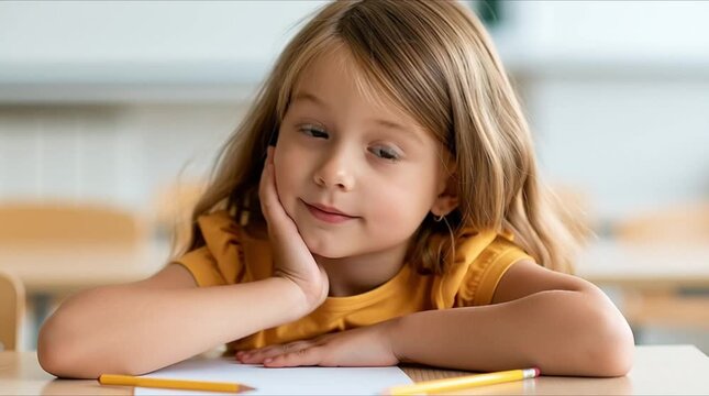 a little schoolgirl sitting at a desk at school