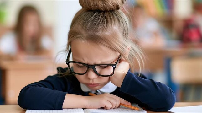a little schoolgirl sitting at a desk at school