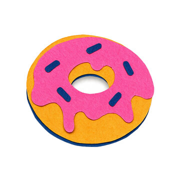 Felt craft donut with pink frosting and sprinkles as transparent PNG