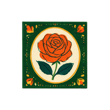 Single orange rose flower illustration with decorative green frame as isolated element