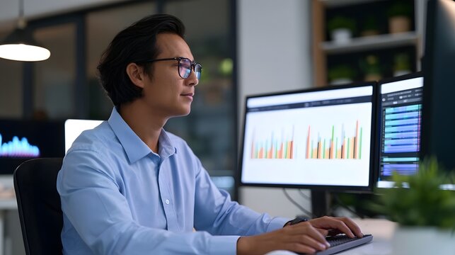 A man wearing glasses sits at a desk using two computer monitors displaying colorful bar charts and data graphs