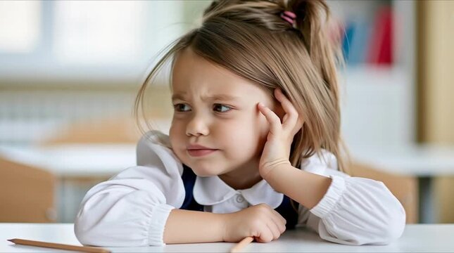 a little schoolgirl sitting at a desk at school