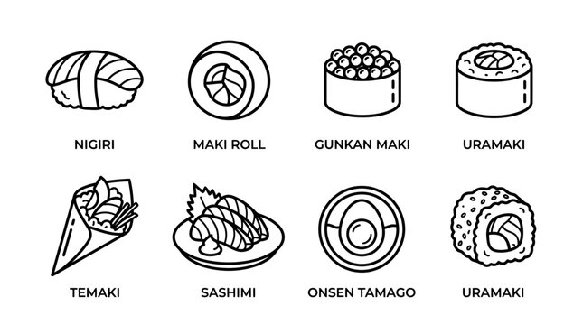 Sushi food icons including nigiri maki roll gunkan maki uramaki temaki sashimi and onsen tamago for japanese restaurant.