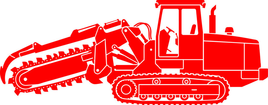 Red Industrial Trencher Machine Silhouette on White Background
