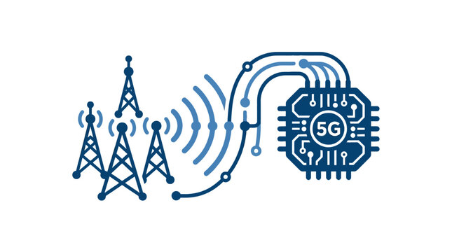 5G technology microchip connected to cellular network towers