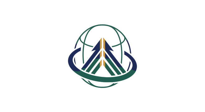 Abstract corporate logo with globe and upward chevrons.