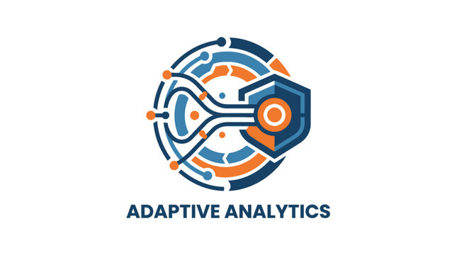Adaptive analytics circular logo with circuit lines and nodes.