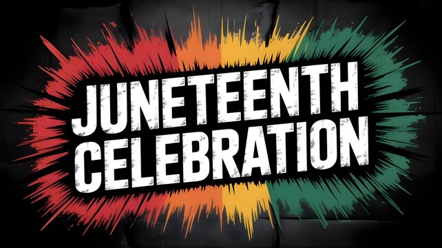 Juneteenth celebration text with a vibrant, distressed, multicolored paint splash effect in red, orange, yellow, and green on a dark, textured background