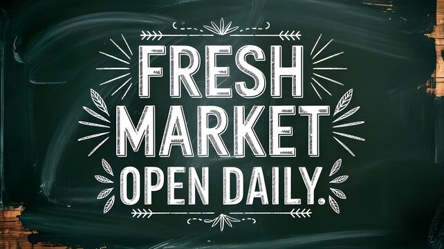 Chalkboard sign with the text fresh market open daily written in white chalk on a dark green blackboard background