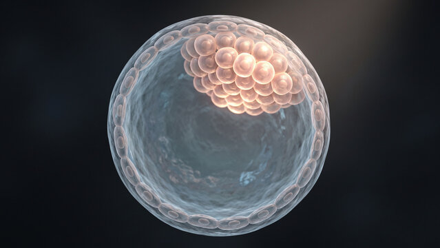 3D medical illustration of a human blastocyst during early embryonic development showing the inner cell mass and trophoblast