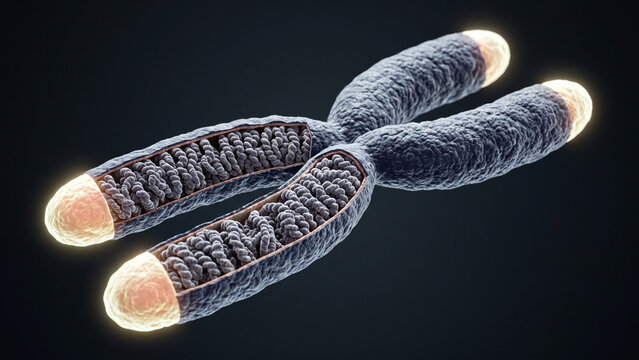 3D medical illustration of a chromosome with highlighted telomeres protecting the ends of sister chromatids