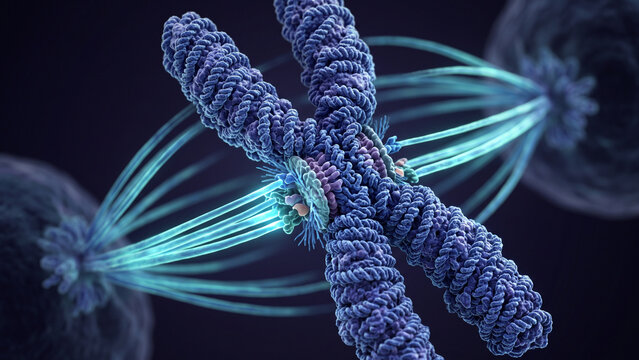 3D medical illustration of mitotic spindle fibers (microtubules) attaching to a chromosome's kinetochores during cell division