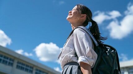 Fototapeta premium 青空の下で目を閉じ希望に胸を膨らませる日本の女子高校生