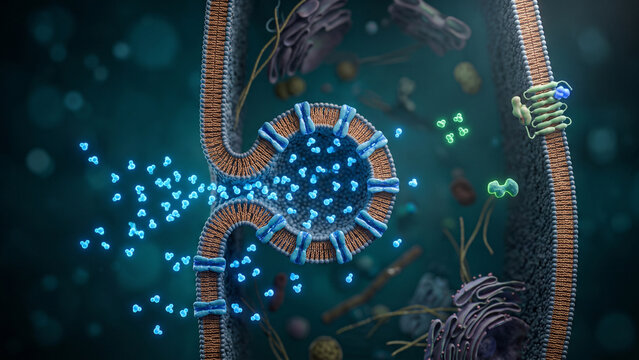 3D medical illustration of caveolae-mediated endocytosis showing GPCR signaling and ligand internalization