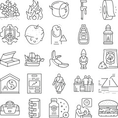 Obraz premium Set of line art graphic symbols featuring a wide range of objects and abstract ideas, including food, nature, tools, technology, and cultural elements for conceptual design