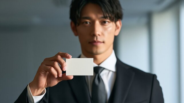 無地の名刺を差し出して自信に満ちた笑みを見せる日本人ビジネスマン