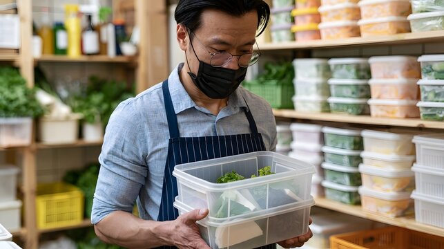 A person wearing a mask and apron holds a container of fresh greens in a well  ed food prepa n area