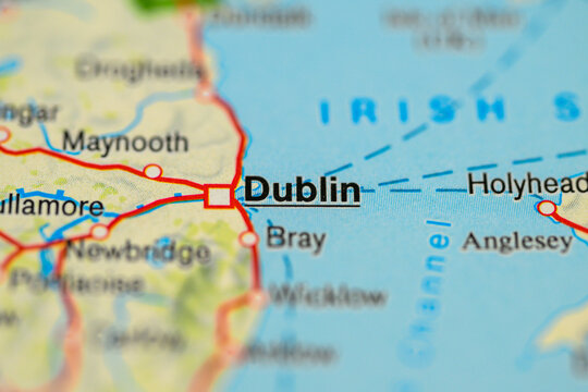 Close up travel map of Dublin and Irish Sea connection.