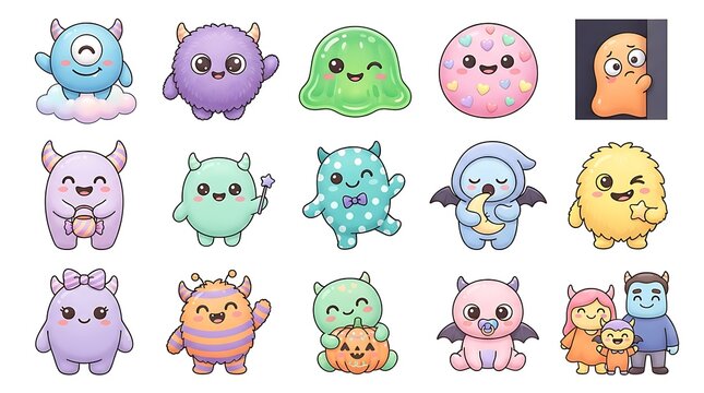 Cute cartoon monster character collection for kids design with creature character colorful collection adorable expression illustration imaginary friendly mystical whimsical painting