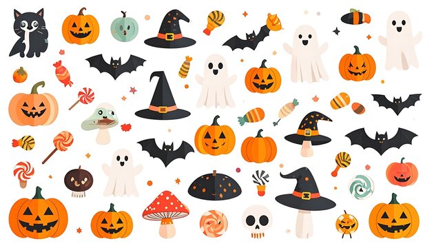 Pixel art collection of Halloween elements, pumpkins, ghosts, bats, witch hats, mushrooms and candy, perfect for digital design and holiday decoration