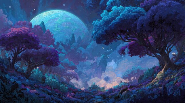 A mystical planet enveloped in vibrant blue and purple foliage, where an ethereal atmosphere prevails. The landscape features diverse trees with intricate, textured leaves, set against a backdrop of