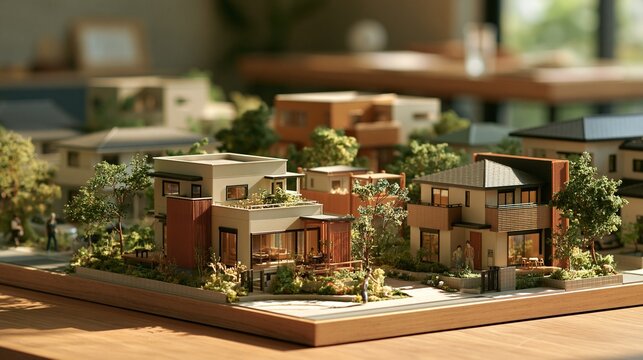緑豊かな庭園に建つ高級モダン住宅の大型建築模型