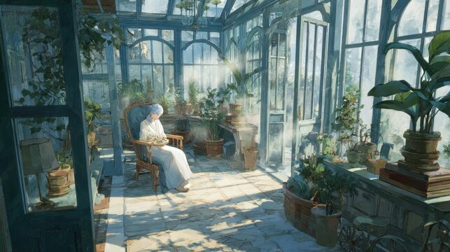 A serene sunroom bathed in natural light features an elder woman brushing her hair while seated in a cozy, vintage chair. Sunlight streams through large, airy windows, illuminating the space and crea