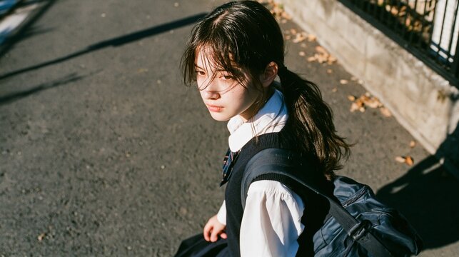 通学路を歩く制服姿の日本の女子高校生の物憂げな横顔