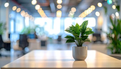 Fototapeta premium Green potted plant on wooden desk in modern office.