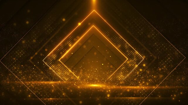 Golden diamond outlines glow above a dark geometric surface with drifting particles and a bright horizon. Ideal for luxury titles, award openings, wedding scenes, brand reveal and elegant event loops.