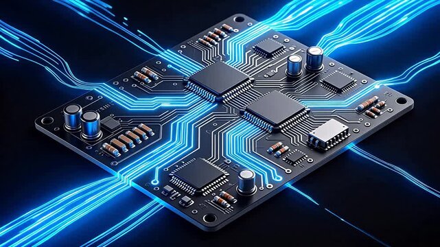 Circuit board with glowing blue lines
