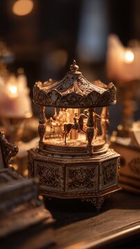 A vintage musical box featuring exquisite carvings and a delicate design, showcasing intricately detailed figurines of horses. The box is gently illuminated, emphasizing its craftsmanship and the sof