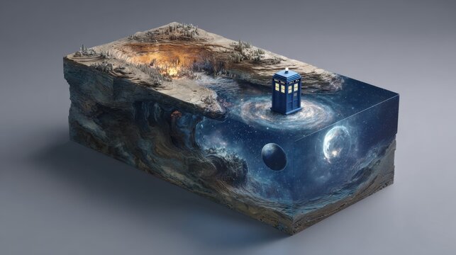 A stunning 3-D isometric cut-out of the TARDIS from Doctor Who, depicted as a large rectangular slice of a distant planet that captures the essence of alien landscapes. The scene boasts alien plants,
