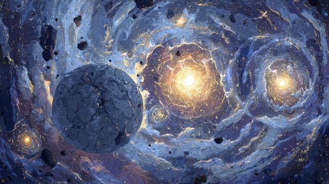 A breathtaking celestial scene depicting a shattered moon surrounded by swirling galaxies. Each fragment of the moon glows elegantly, representing different star systems as they intermingle with vibr