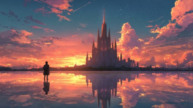 A breathtaking view of a completed crystal tower, reflecting the vibrant hues of a colorful sunset sky. The Master Architect stands in contemplation, gazing up at the majestic structure which is beau