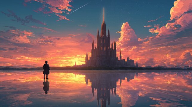 A stunning crystal tower rises magnificently against a vivid sunset sky, with colorful hues of orange, pink, and purple painting the backdrop. The Master Architect stands in silhouette, gazing up at