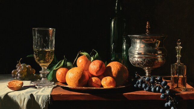 A masterfully crafted still life featuring a medley of vibrant oranges, luscious grapes, an ornate silver bowl, a crystal glass filled with golden liquid, and two green bottles, all set against a dee