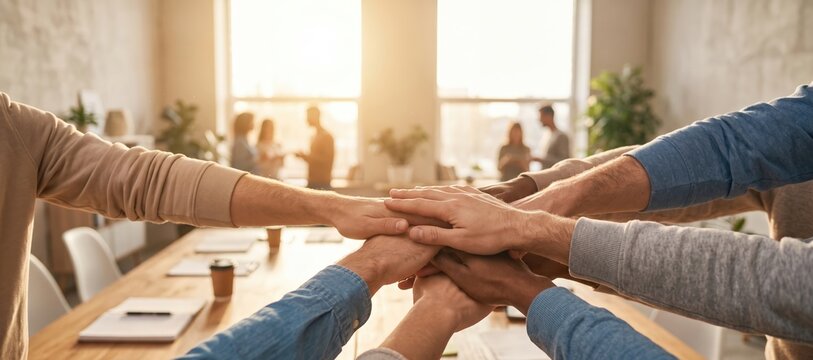Team members stacking hands in unity at office table