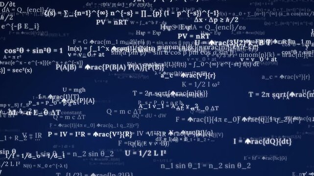 Complex physics equations and mathematical formulas drifting on dark blue background