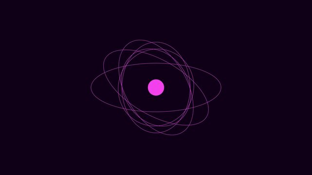 Minimalist neon atom model animation: rotating purple science orbit on dark 4k background, physics nucleus