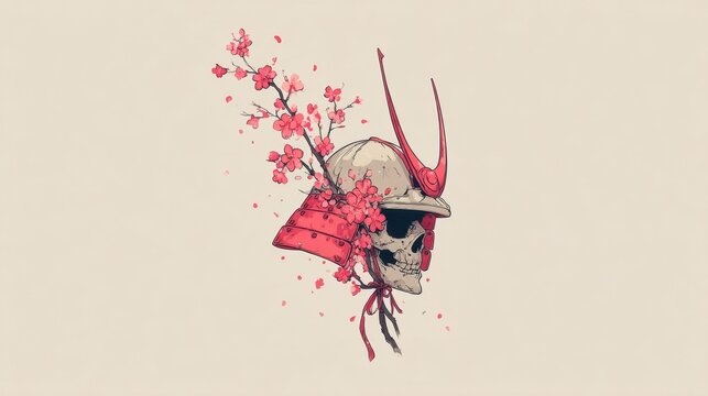 A minimalist kabuto helmet intertwined with a delicate cherry-blossom branch, exhibiting bold ink outlines and a color palette featuring vibrant crimson and soft sakura pink. The design is presented