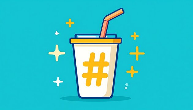 Pixel art disposable cup with hashtag symbol and straw, surrounded by sparkles, vector illustration
