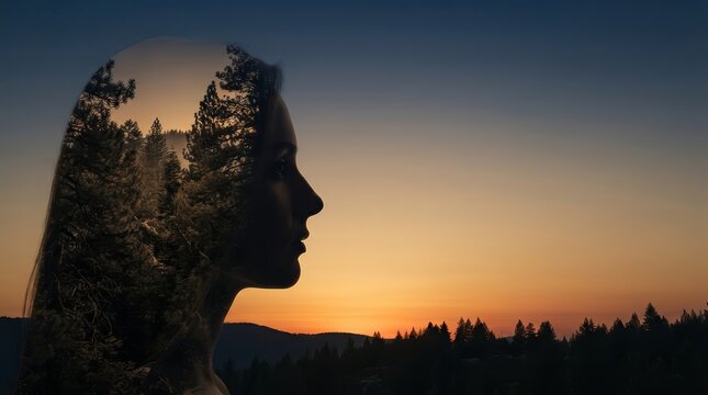 A woman's head silhouette featuring a forest landscape and trees, representing thoughts through double exposure.