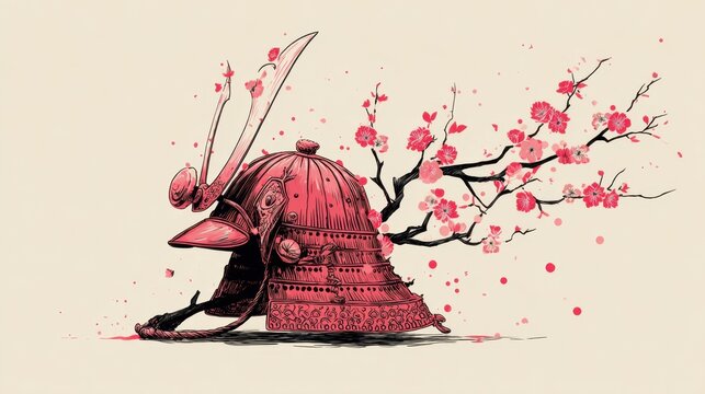 A minimalist kabuto helmet entwined with a cherry-blossom branch, designed with bold ink outlines in a limited color palette of crimson and sakura pink. The graphic features whimsical elements and a