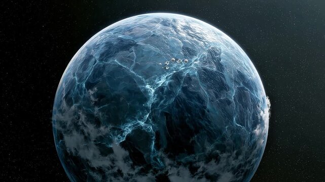 Icy blue planet floating in deep space with glowing atmospheric details.