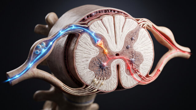 3D medical illustration of a spinal reflex arc showing the sensory, interneuron, and motor neuron pathways in a spinal cord cross-section