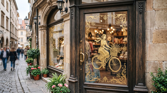 gold leaf illustration of elegant woman riding bicycle on glass door of posh boutique