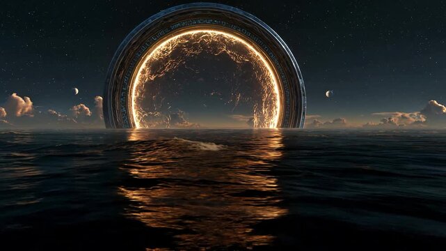 Futuristic glowing portal ring reflecting on a calm ocean at night.